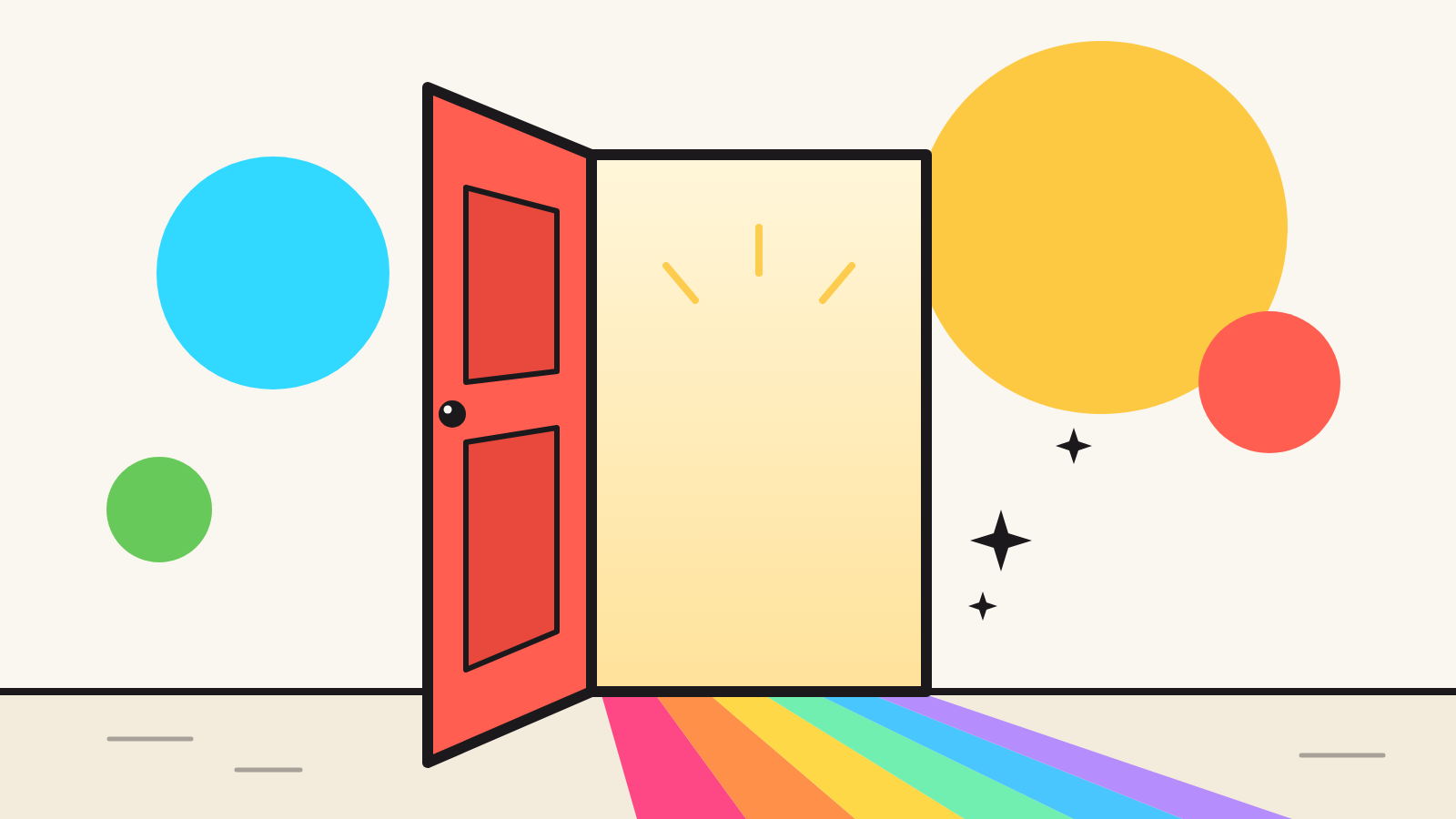 An open coral door with the pride rainbow spilling out of the doorway across the floor.